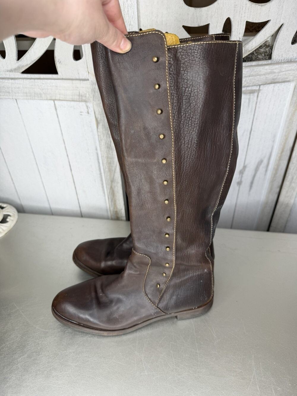 Cole Haan Brown Leather Studded Sides Knee High Boots Vintage Size 6.5